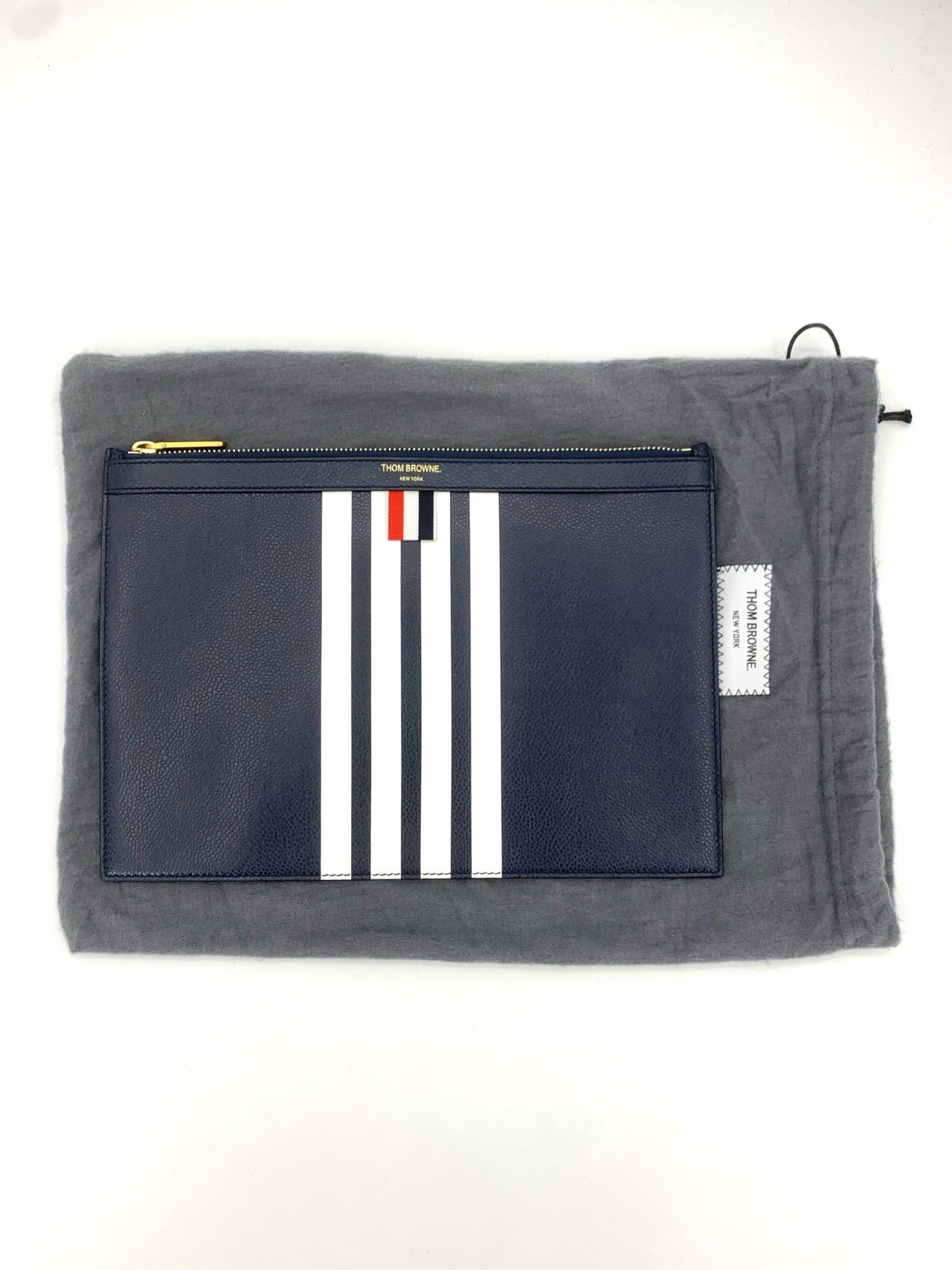 Thom Browne Classic Four-Bar Leather Zippered Clutch