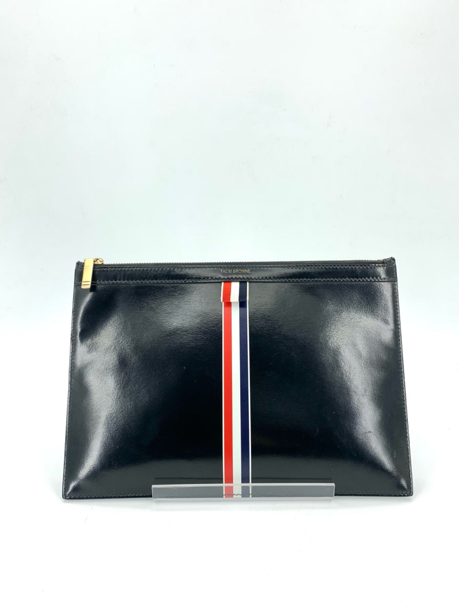 Thom Browne Black Leather Polished Clutch with Tri-Color Stripes