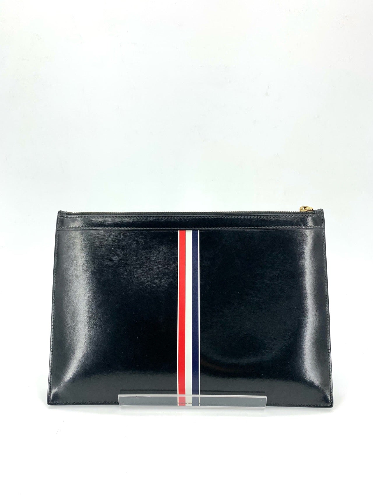 Thom Browne Black Leather Polished Clutch with Tri-Color Stripes