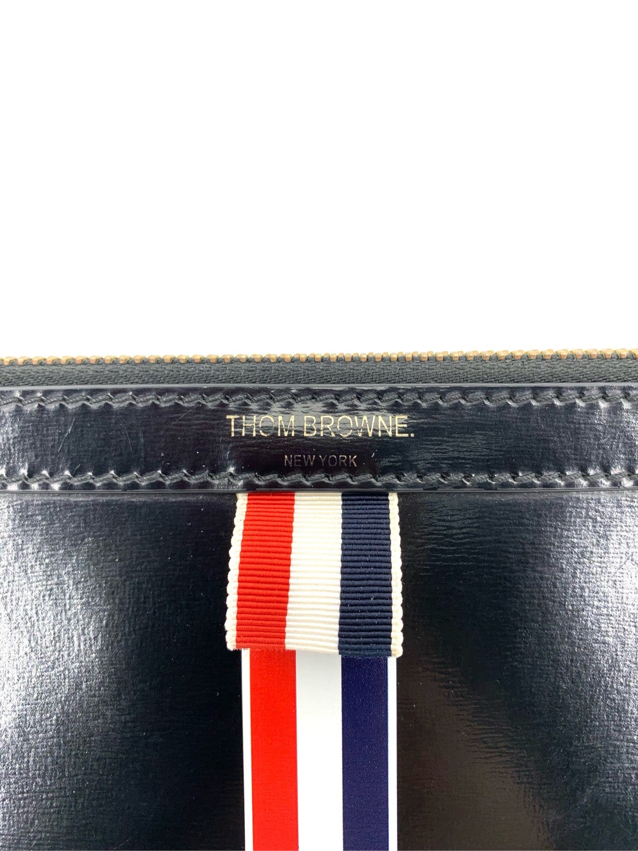 Thom Browne Black Leather Polished Clutch with Tri-Color Stripes