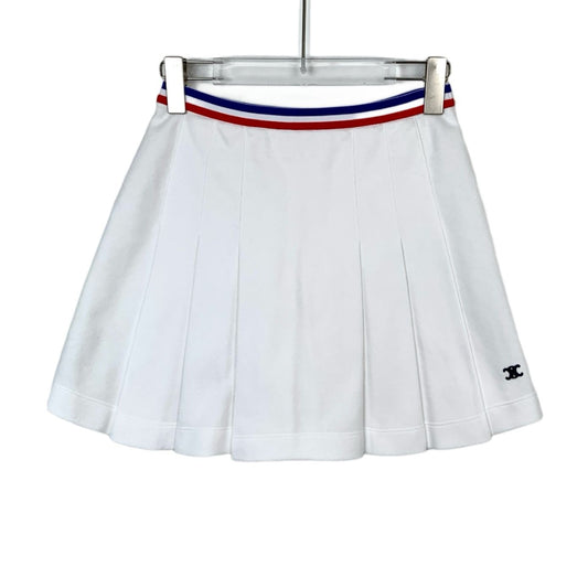 Celine white logo embroidered cotton pleated skirt