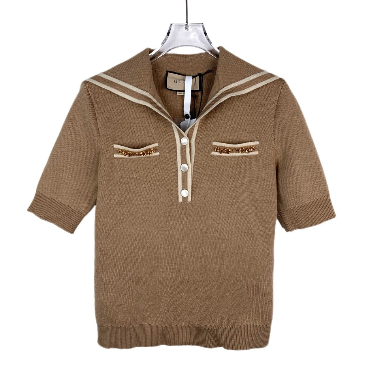 Gucci Made In Italy Brown Wool Short-Sleeve Sweater XS With Horse Buckle Detail & Button Accents