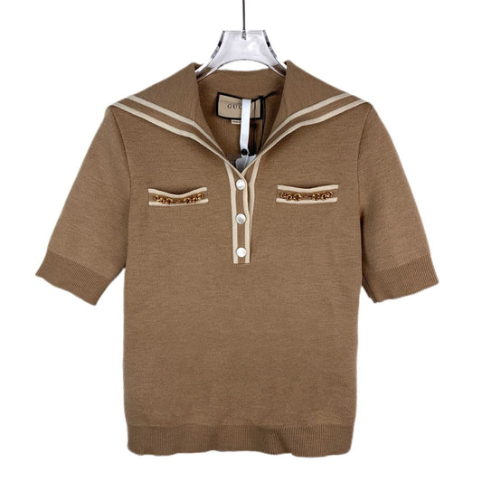 Gucci Made In Italy Brown Wool Short-Sleeve Sweater XS With Horse Buckle Detail & Button Accents