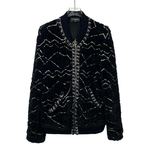 Chanel S-Class Black Wavy Teddy Coat With Double C Logo Zipper Size 38 S