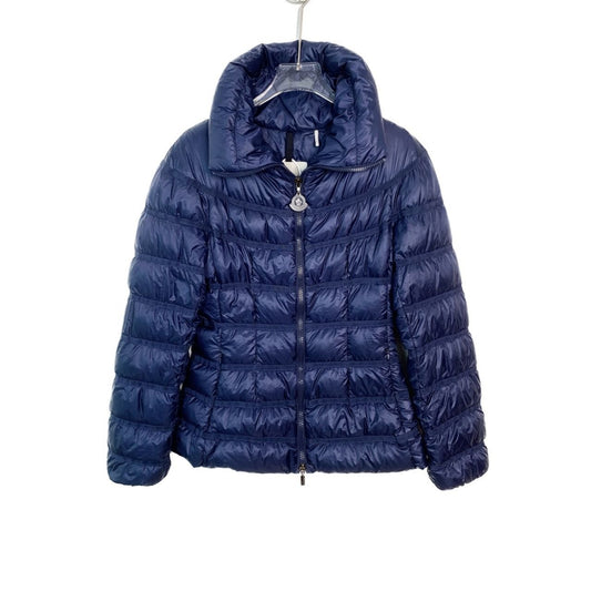 Moncler Womens Navy Blue Quilted Down Jacket With Stand Collar & Full Zipper Closure