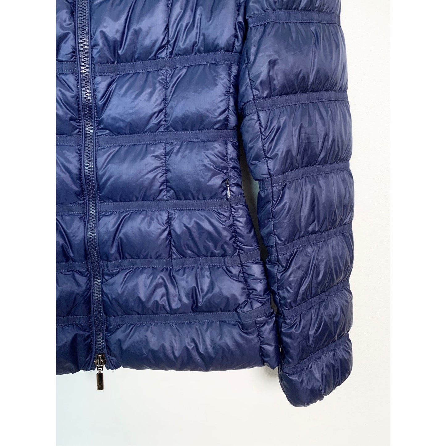 Moncler Womens Navy Blue Quilted Down Jacket With Stand Collar & Full Zipper Closure