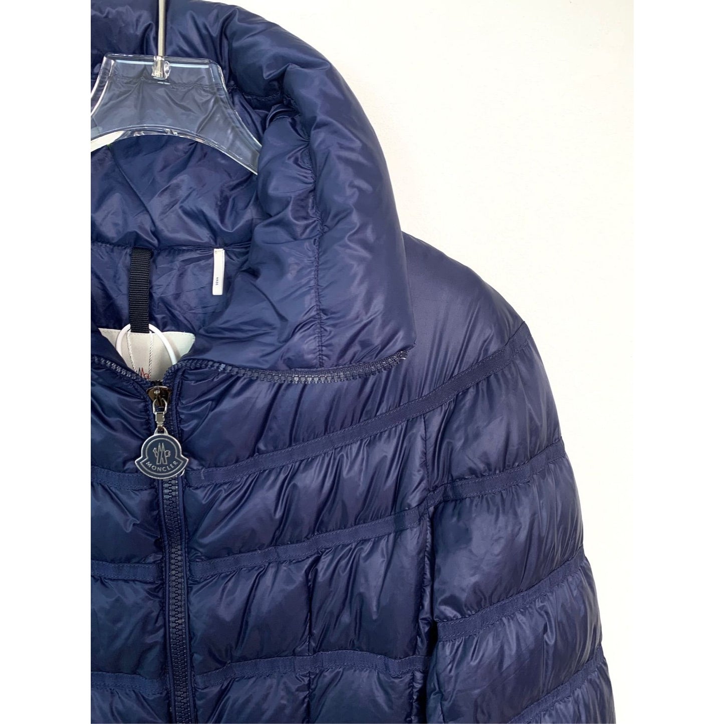 Moncler Womens Navy Blue Quilted Down Jacket With Stand Collar & Full Zipper Closure