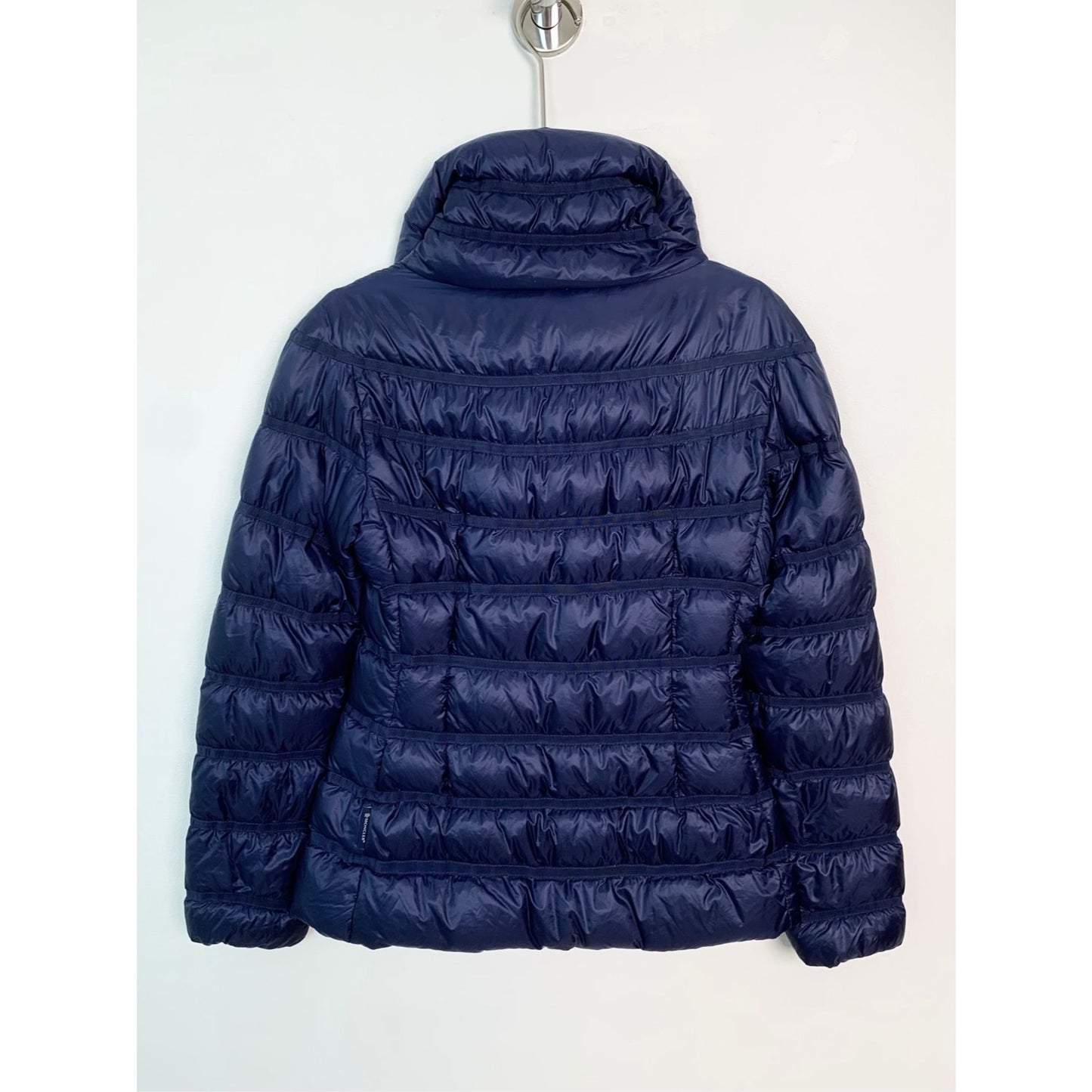 Moncler Womens Navy Blue Quilted Down Jacket With Stand Collar & Full Zipper Closure