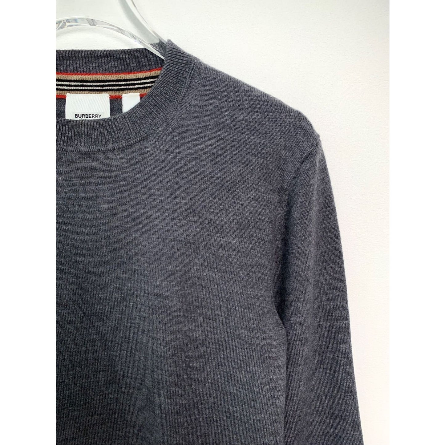 Burberry Mens Wool Knit Sweater W/ Signature Stripe Trim Dark Gray S