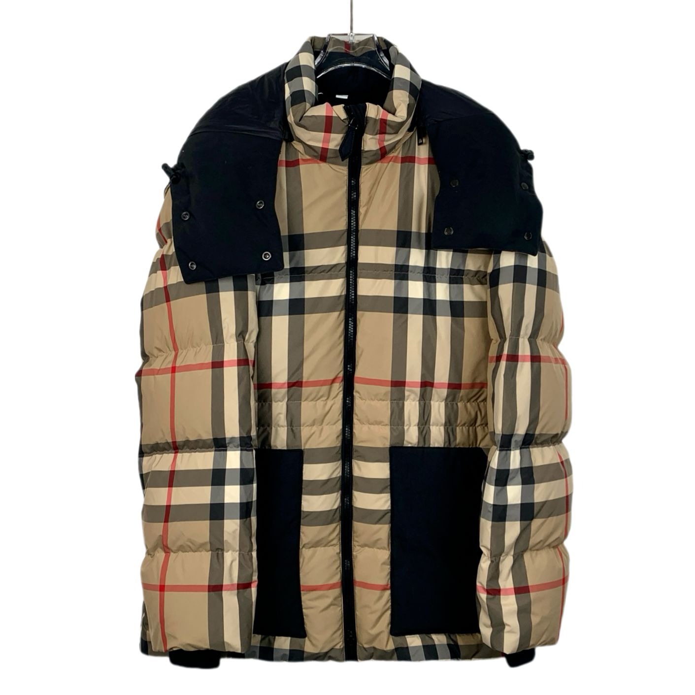 Burberry Mens Beige Classic Check Puffer Jacket With Detachable Hood & Zipper Closure L