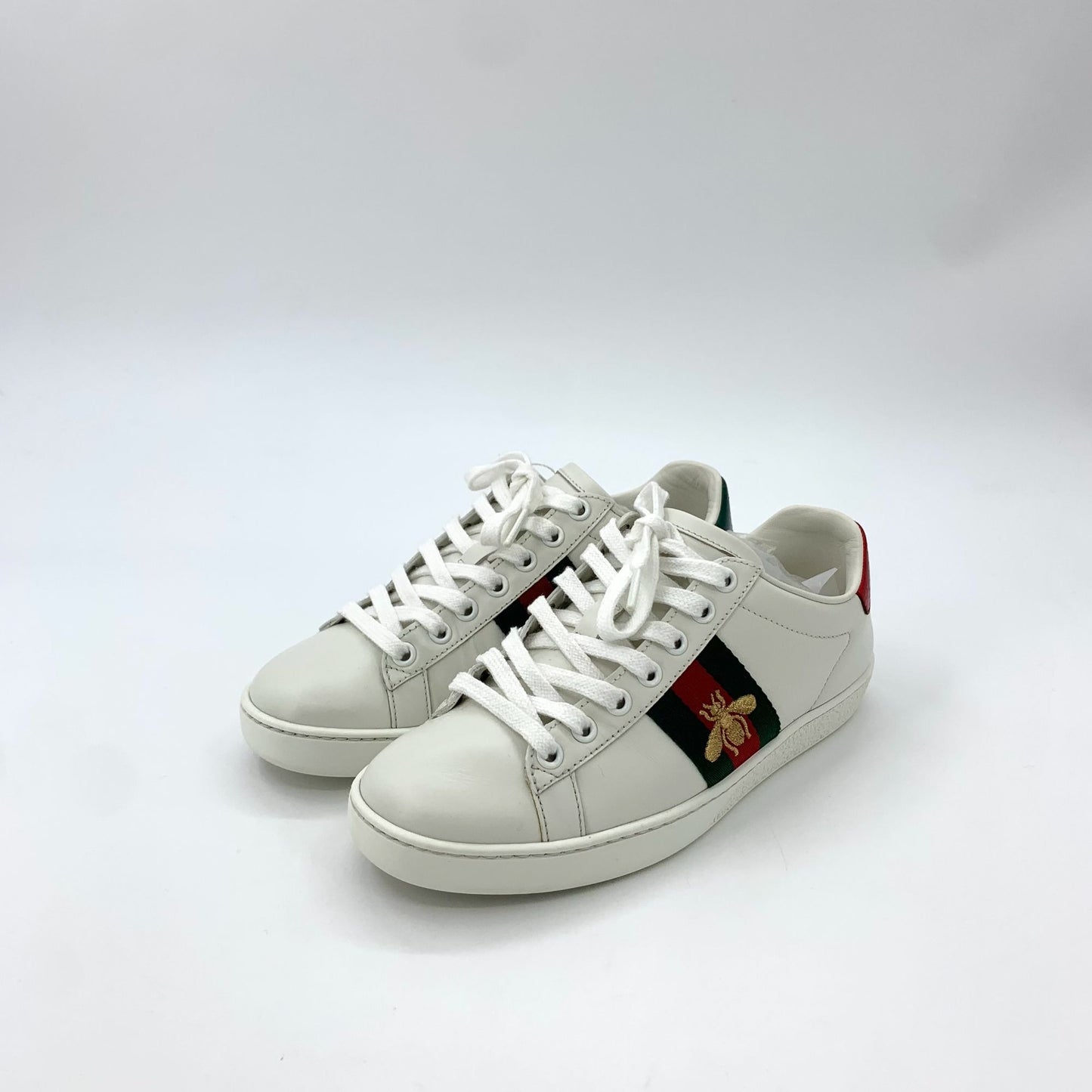 Gucci Ace Series White Leather Sneakers With Red & Green Web Stripe & Bee Embroidery Size 35