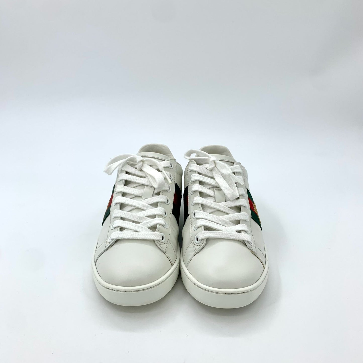 Gucci Ace Series White Leather Sneakers With Red & Green Web Stripe & Bee Embroidery Size 35