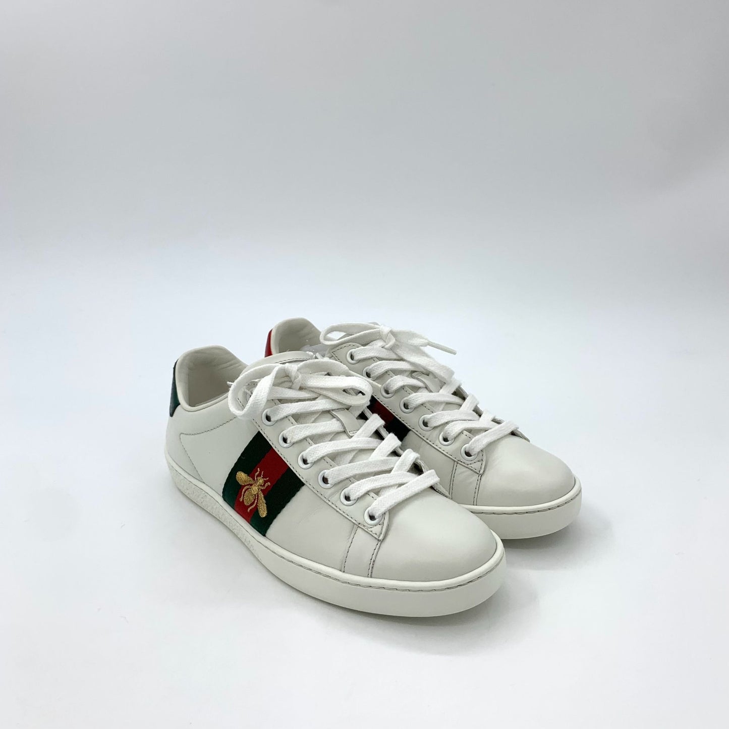 Gucci Ace Series White Leather Sneakers With Red & Green Web Stripe & Bee Embroidery Size 35