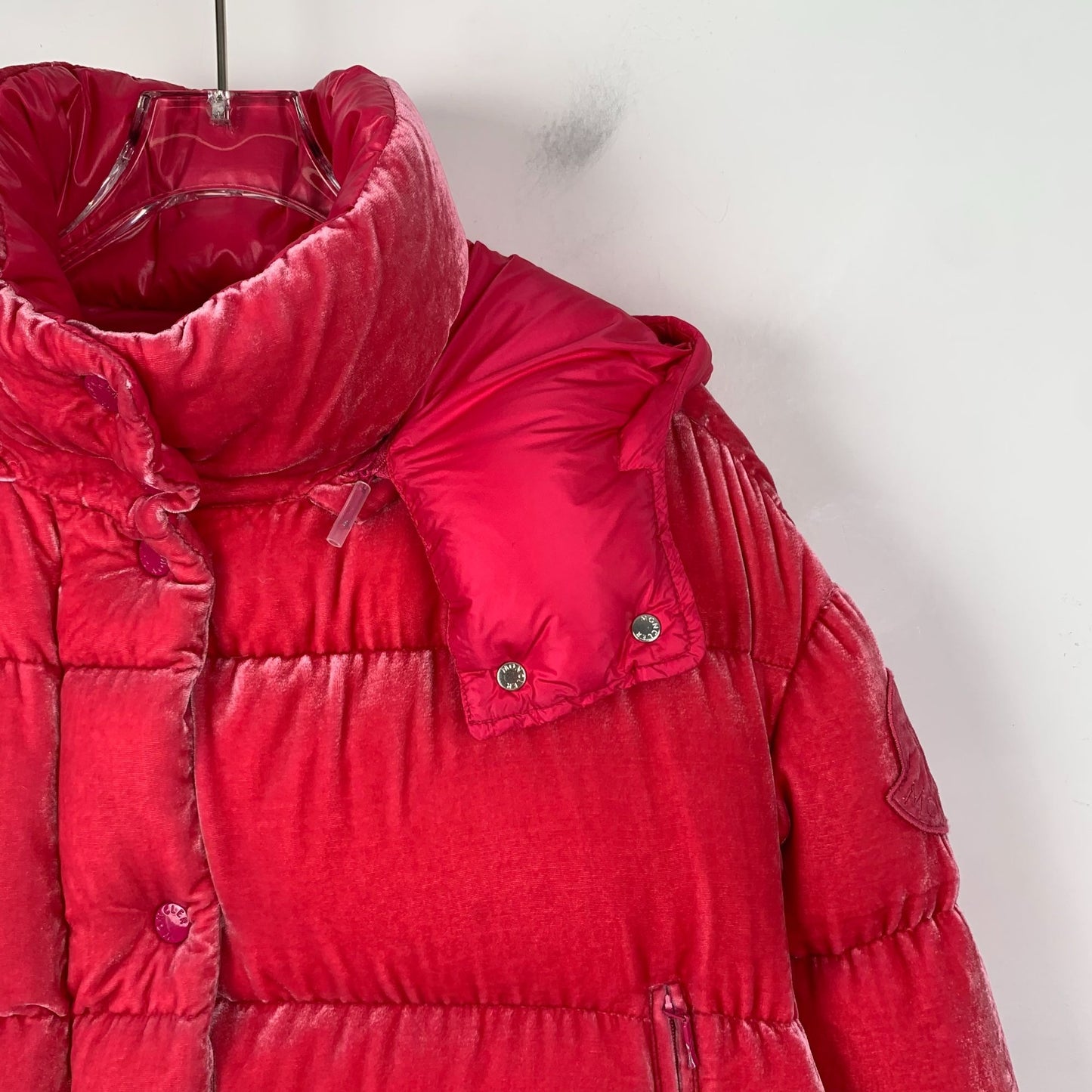 Moncler Red Velvet Logo Down Jacket (Size XXS)