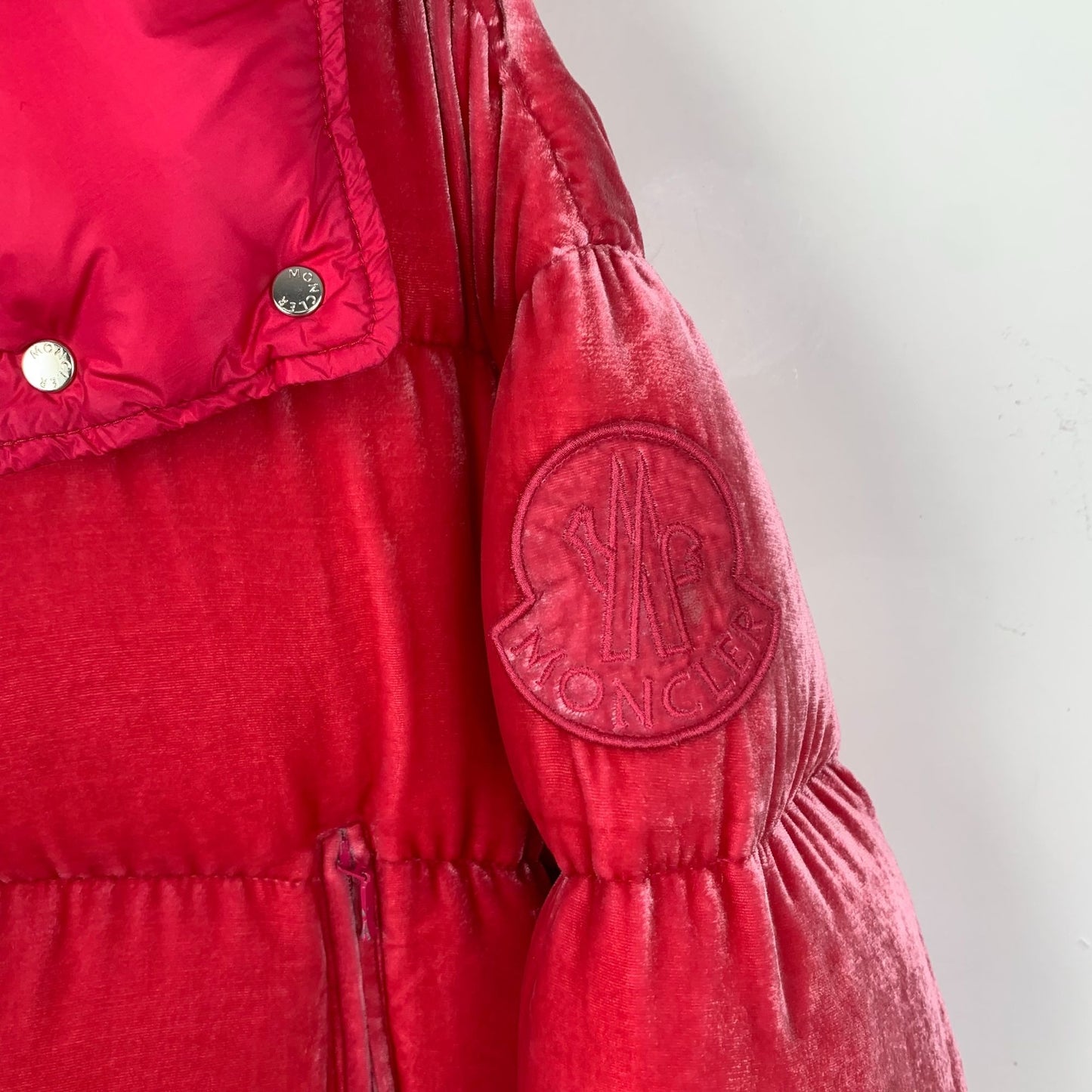 Moncler Red Velvet Logo Down Jacket (Size XXS)