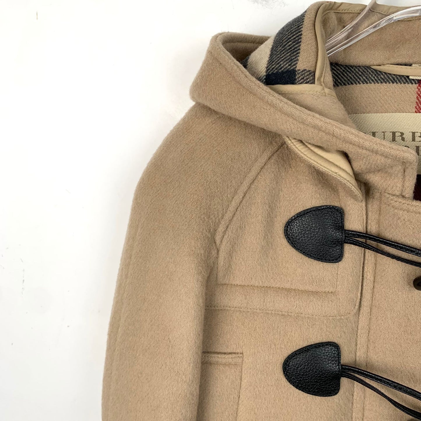 Burberry Brit Wool Hooded Duffle Coat With Toggle Closures Size XS Camel Color Made In Romania