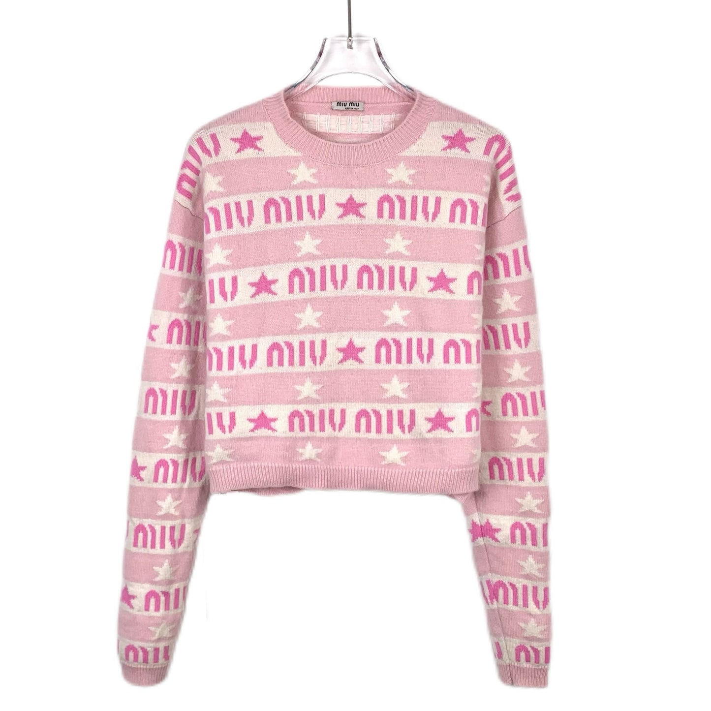 Miu Miu Pink & White Logo Star Pattern Sweater Size 38 S Made In Italy