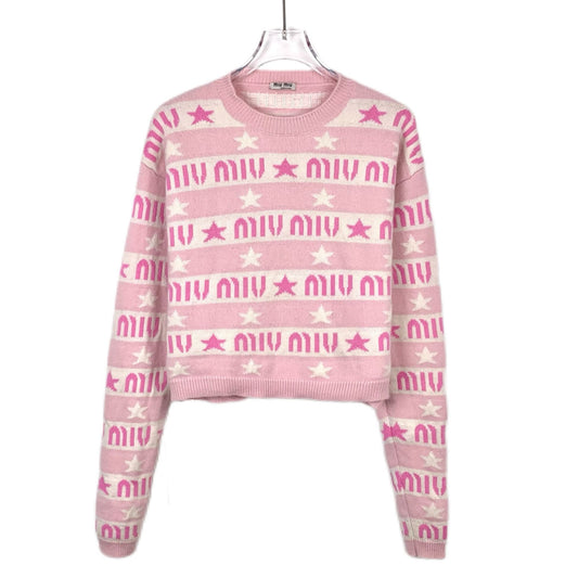 Miu Miu Pink & White Logo Star Pattern Sweater Size 38 S Made In Italy