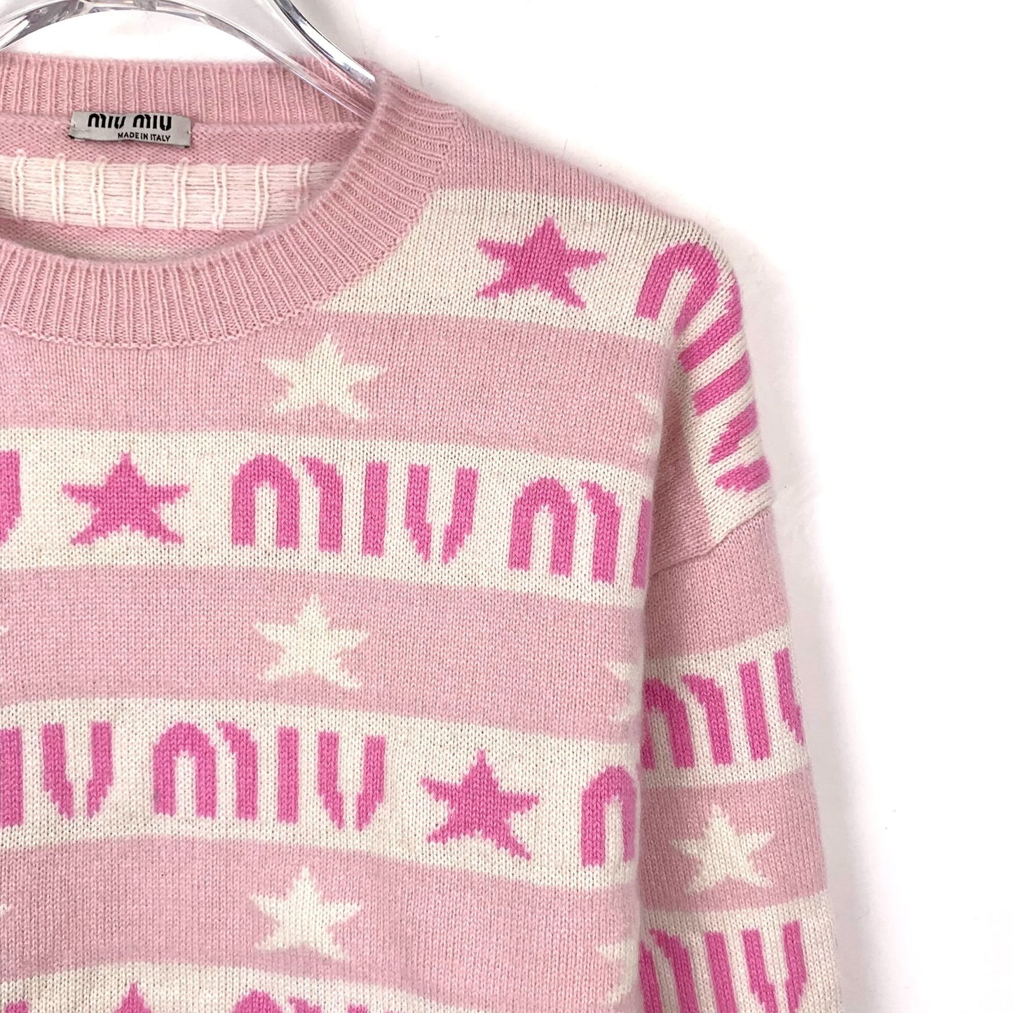 Miu Miu Pink & White Logo Star Pattern Sweater Size 38 S Made In Italy