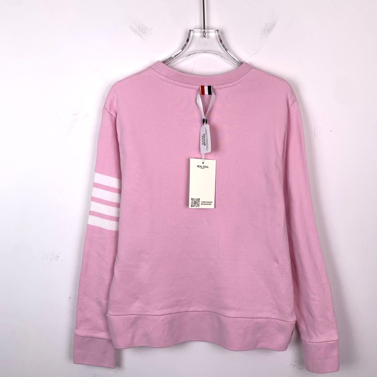 Thom Browne Womens Pink Cotton Pullover Sweatshirt With Four-Bar Stripe & Button Detail Made In Japan Size 42