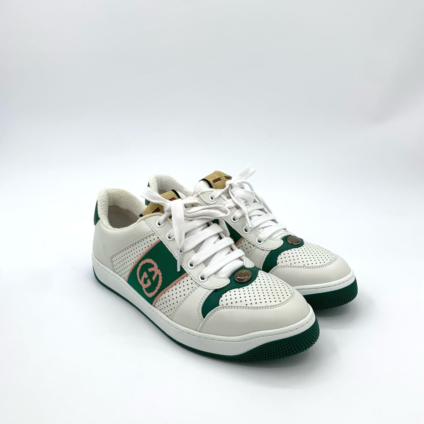 Gucci White Enamel Green-Trimmed Lace-Up Sneakers (Size 42.5)