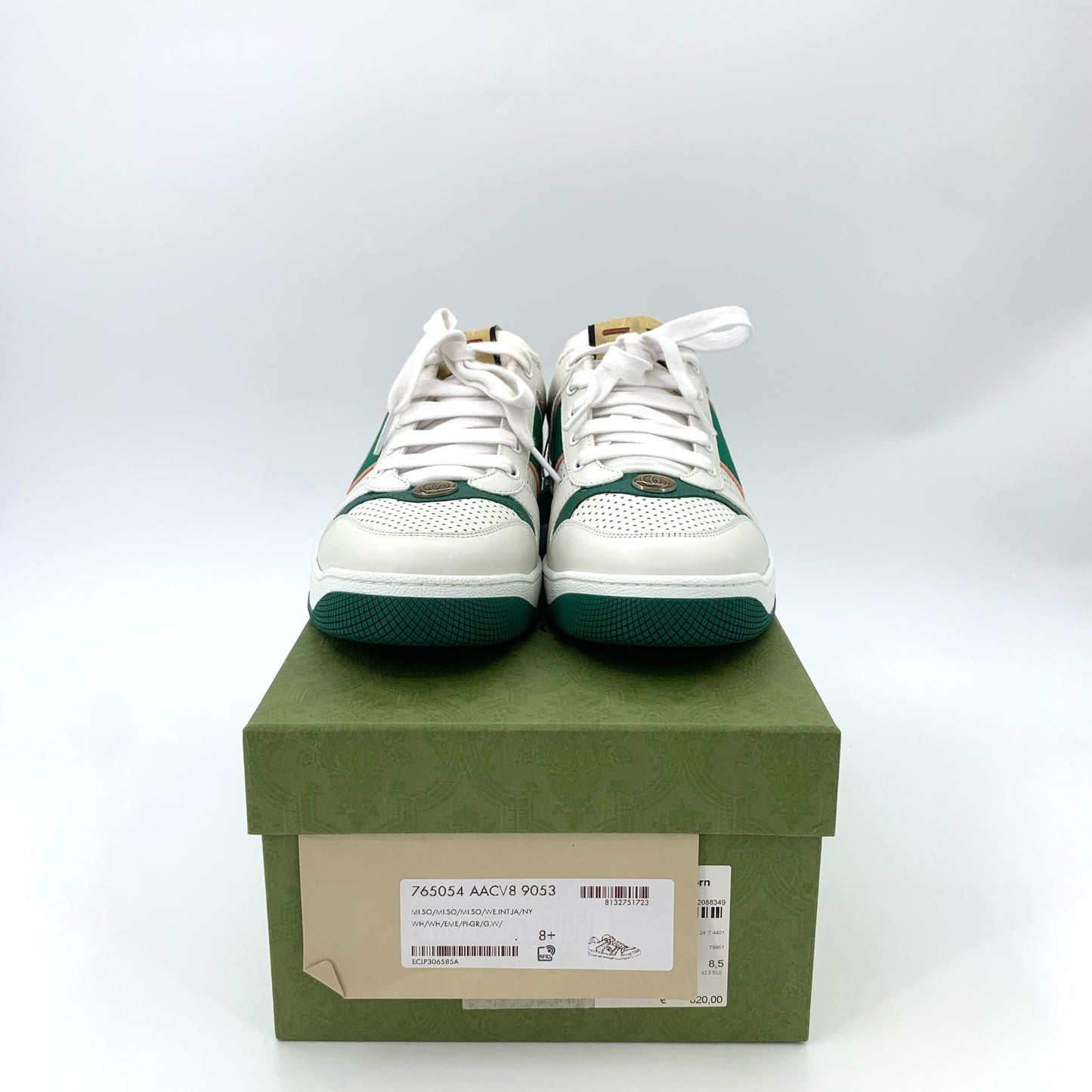 Gucci White Enamel Green-Trimmed Lace-Up Sneakers (Size 42.5)