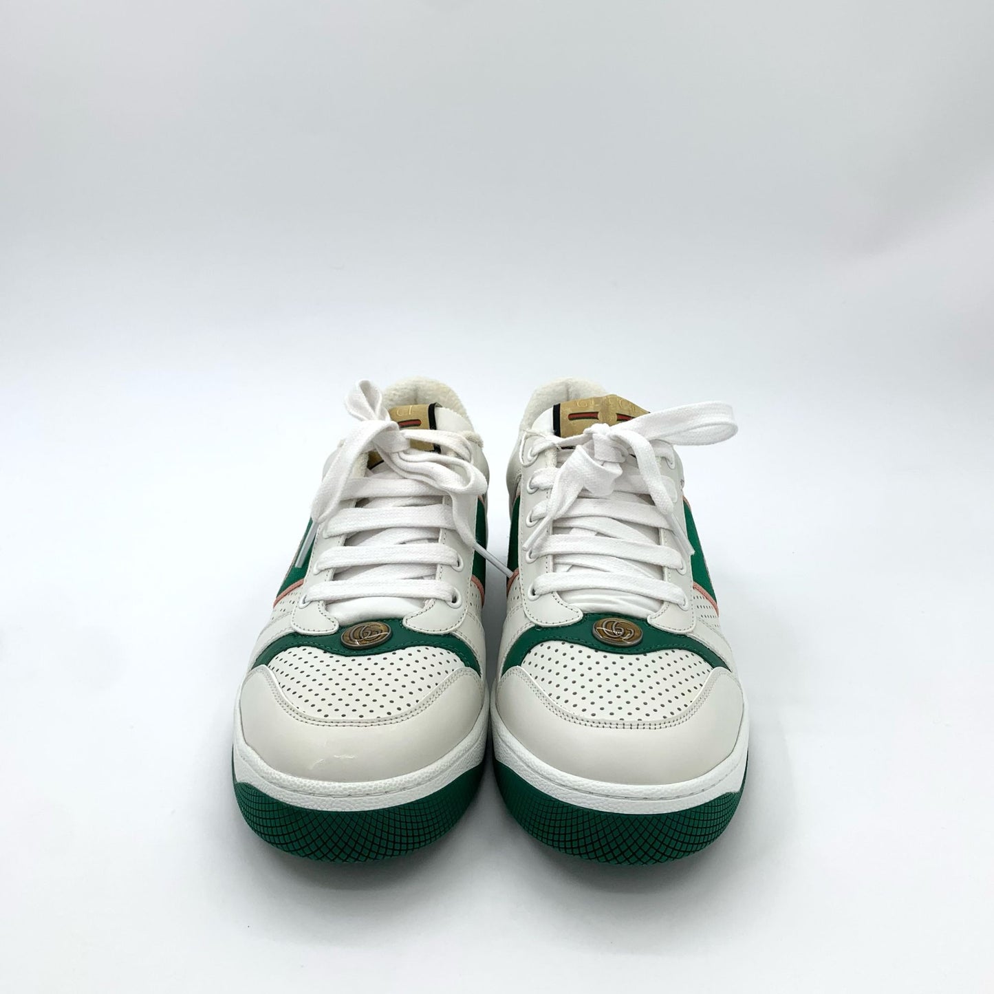 Gucci White Enamel Green-Trimmed Lace-Up Sneakers (Size 42.5)