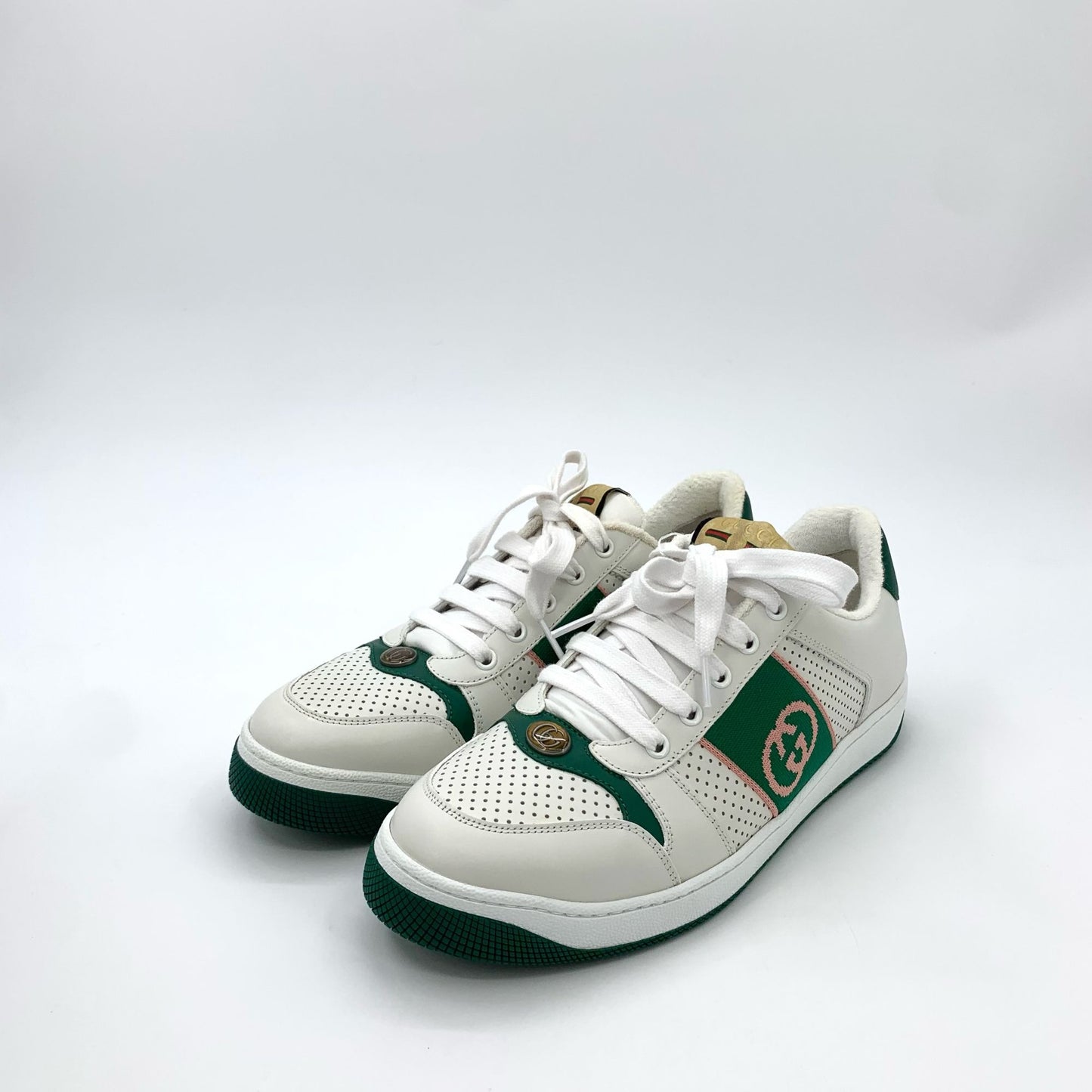 Gucci White Enamel Green-Trimmed Lace-Up Sneakers (Size 42.5)