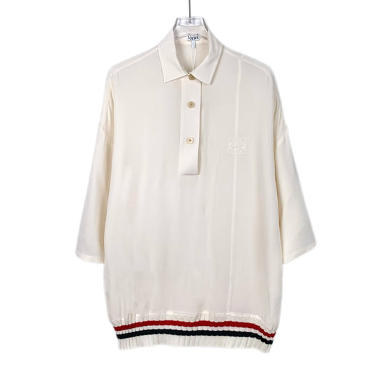 Loewe Beige Embroidered Logo Silk Short Sleeve Polo Shirt S