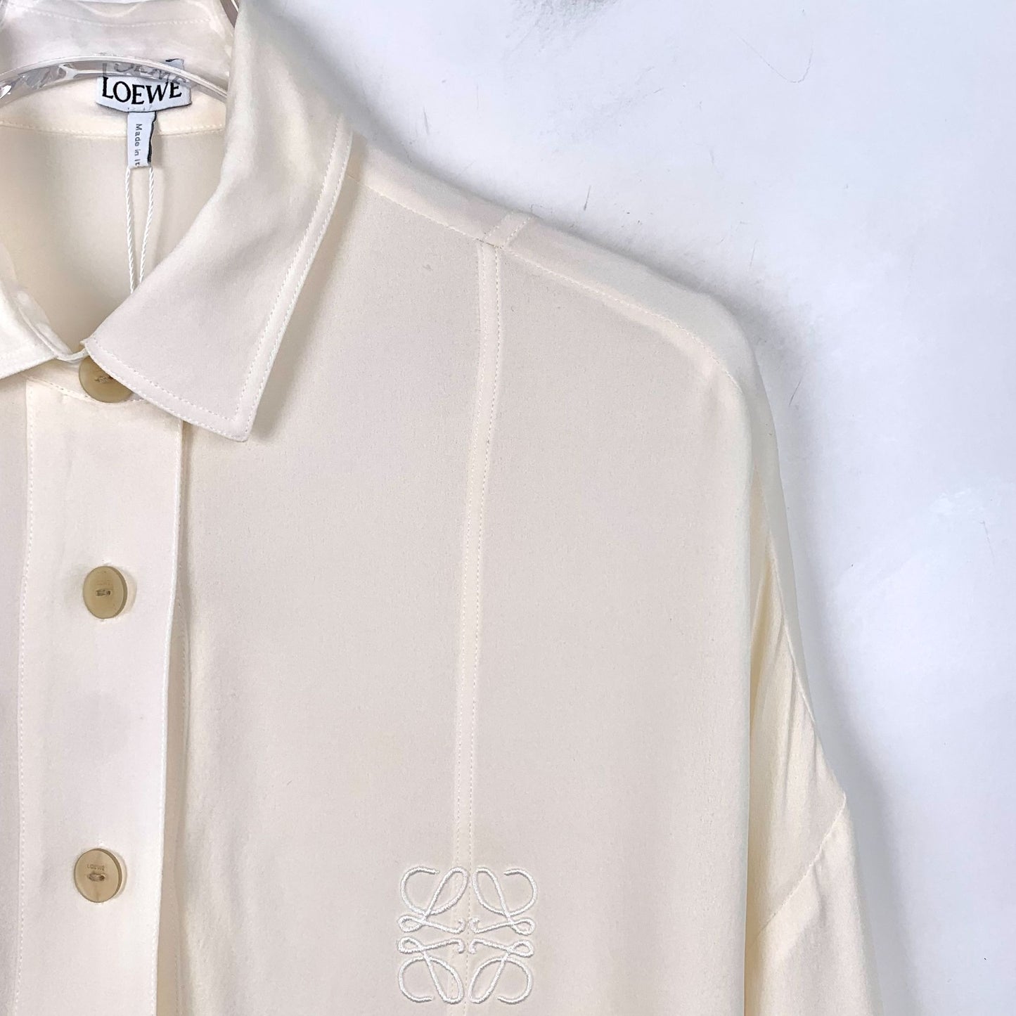 Loewe Beige Embroidered Logo Silk Short Sleeve Polo Shirt S