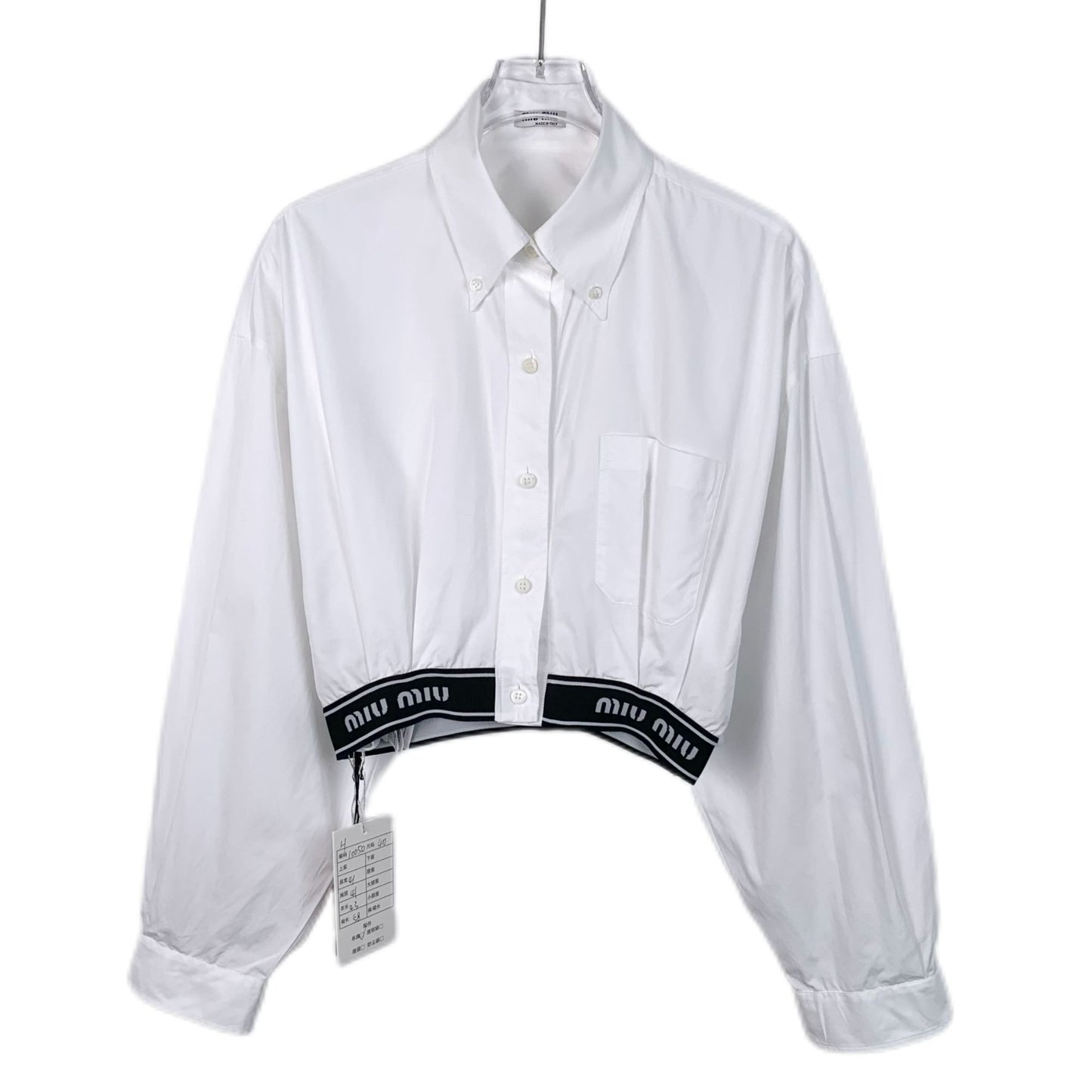 Miu Miu Womens White Cropped Button-Up Shirt With Logo Waistband Size 40