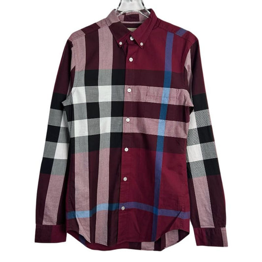 Burberry Brit Plaid Long Sleeve Shirt XS Cotton Classic Collar Burgundy