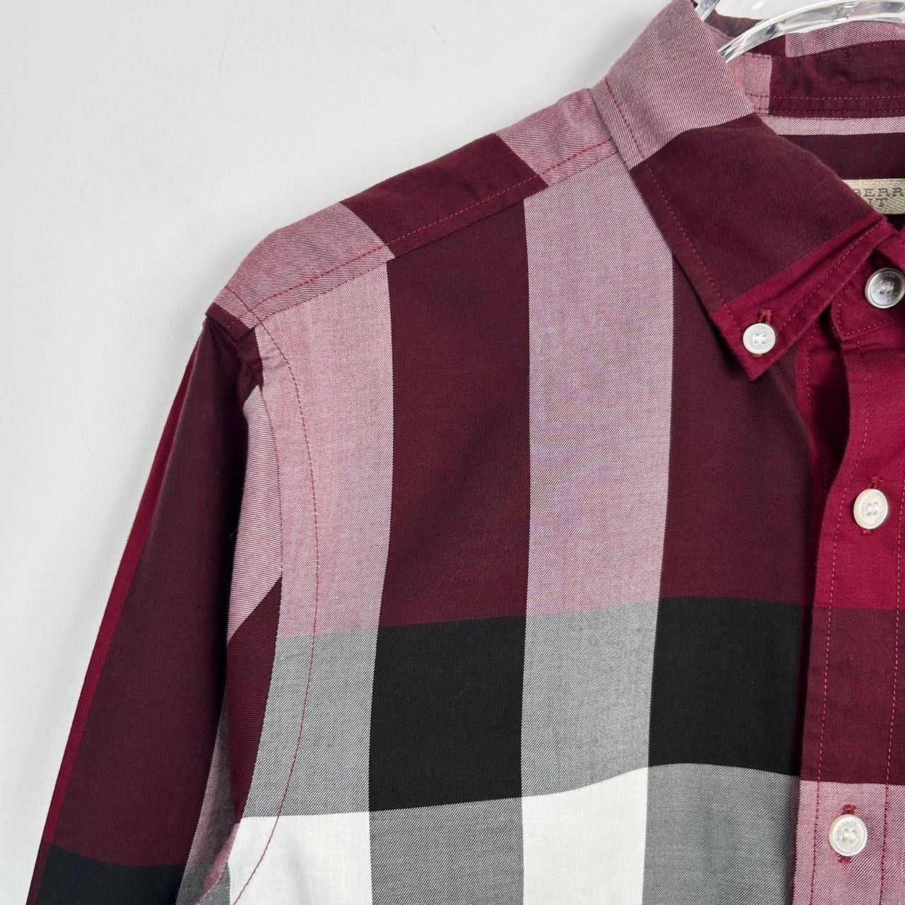 Burberry Brit Plaid Long Sleeve Shirt XS Cotton Classic Collar Burgundy