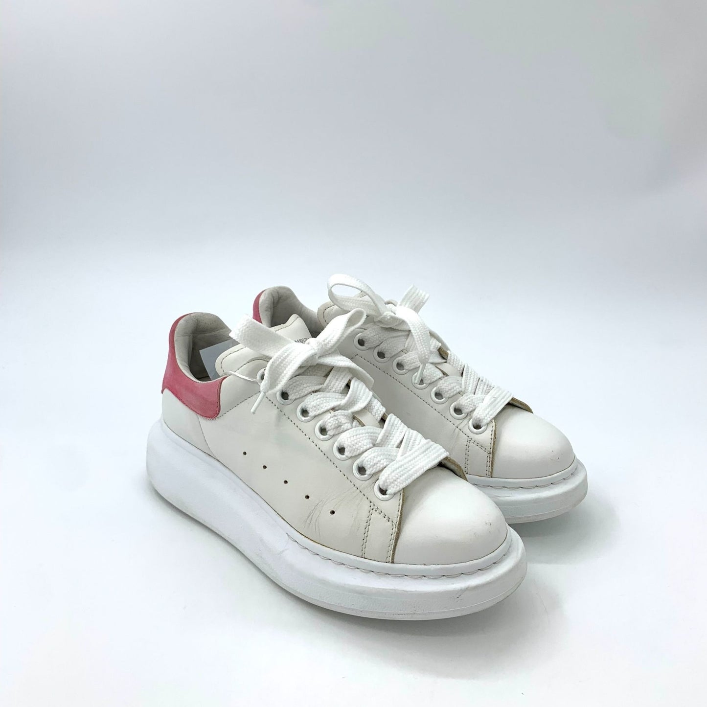 Alexander McQueen White & Pink-Trimmed Thick Sole Lace-Up Sneakers (Size 37)