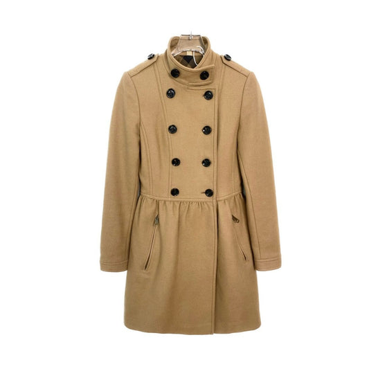 Burberry Brit Womens Camel Double-Breasted Wool Blend Coat With Stand-Up Collar Size 36