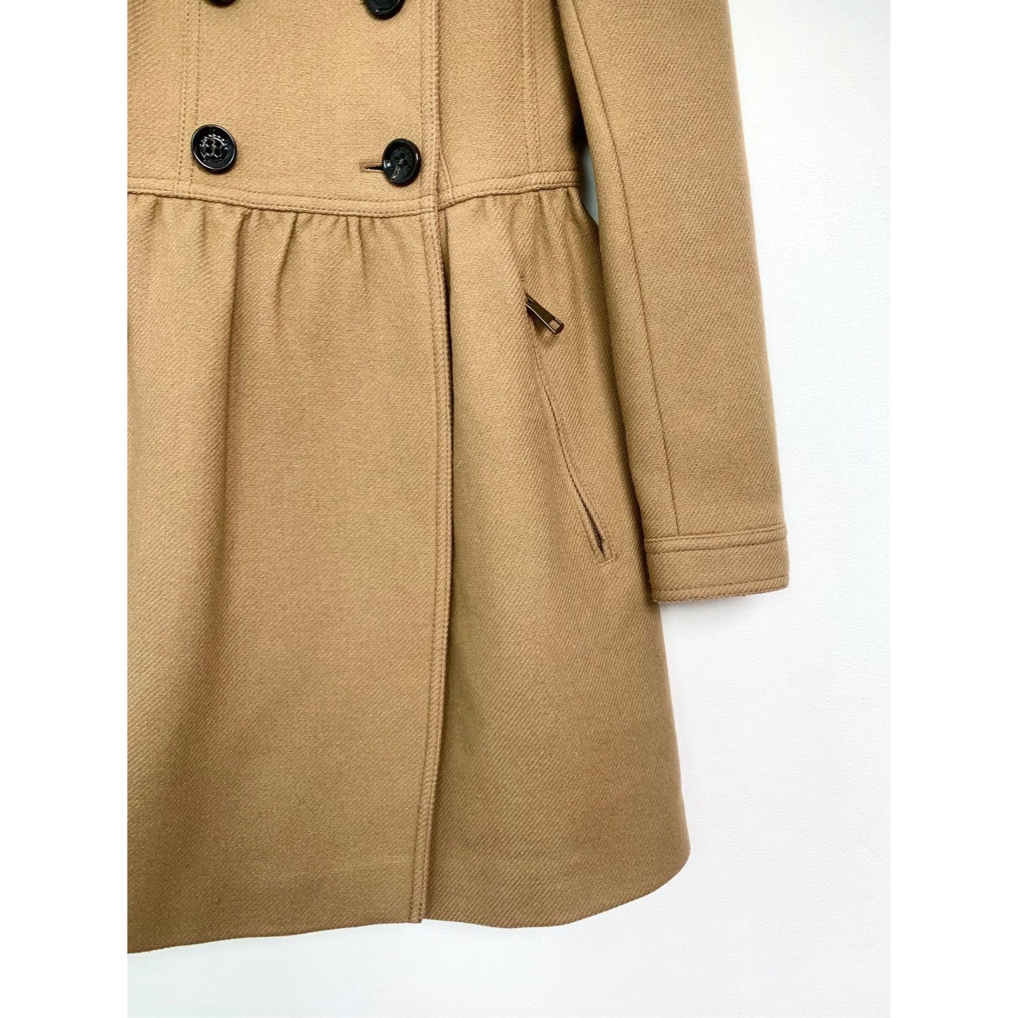 Burberry Brit Womens Camel Double-Breasted Wool Blend Coat With Stand-Up Collar Size 36