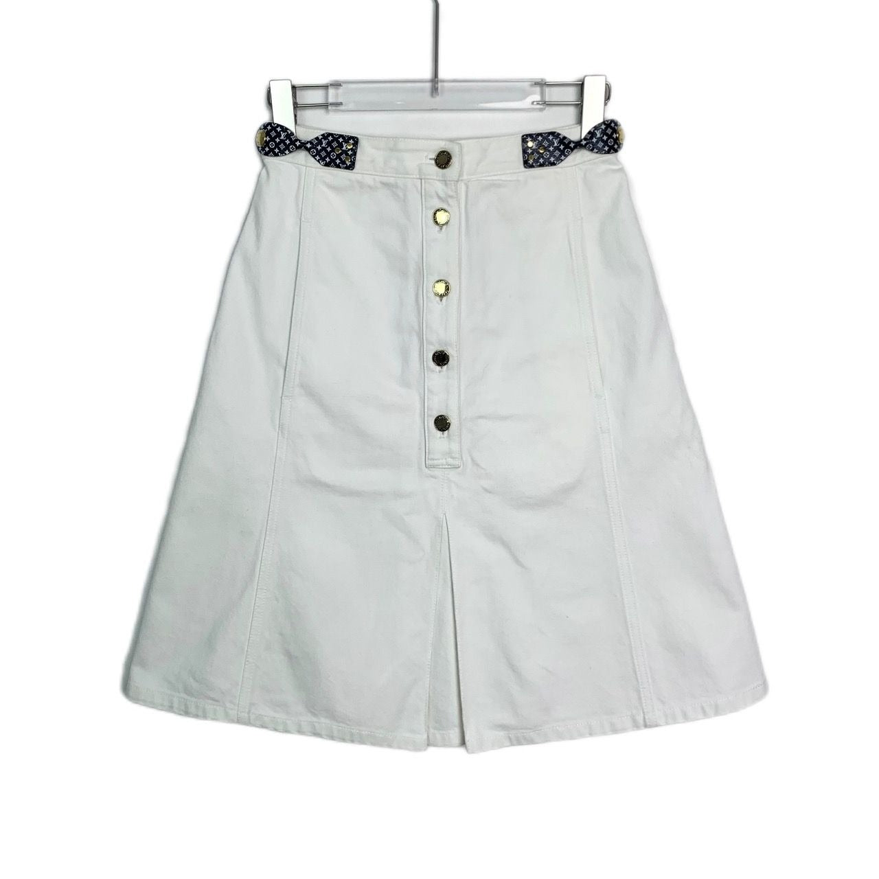 Louis Vuitton Paris White A-Line Buttoned Skirt With Pleats & Polka Dot Accents Size 34 Made In Italy