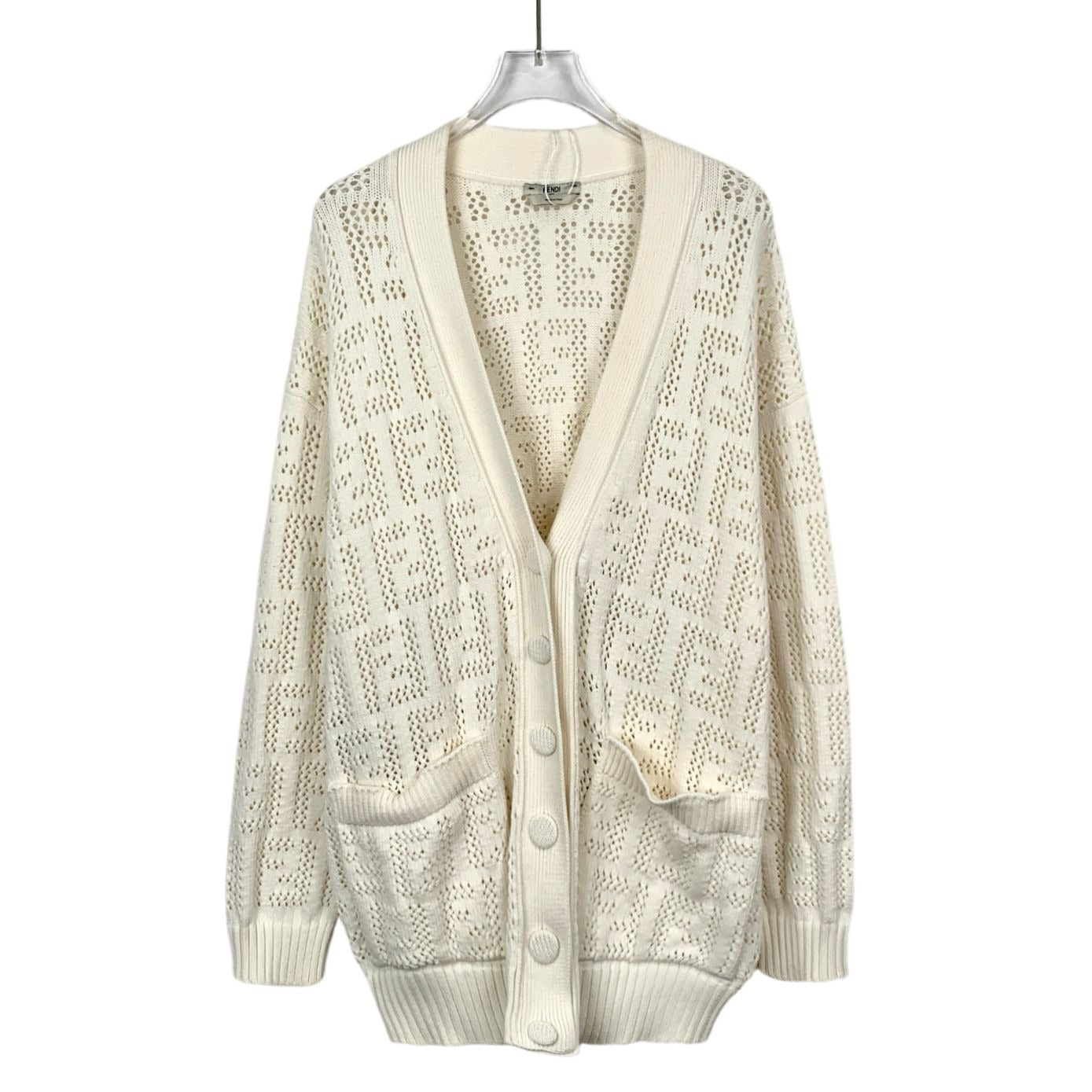 Fendi White Logo Cut-Out Cotton Knit Cardigan (Size 42)