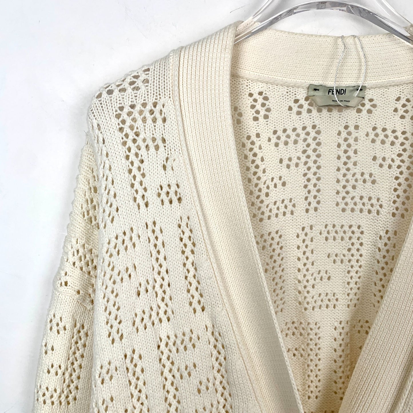 Fendi White Logo Cut-Out Cotton Knit Cardigan (Size 42)