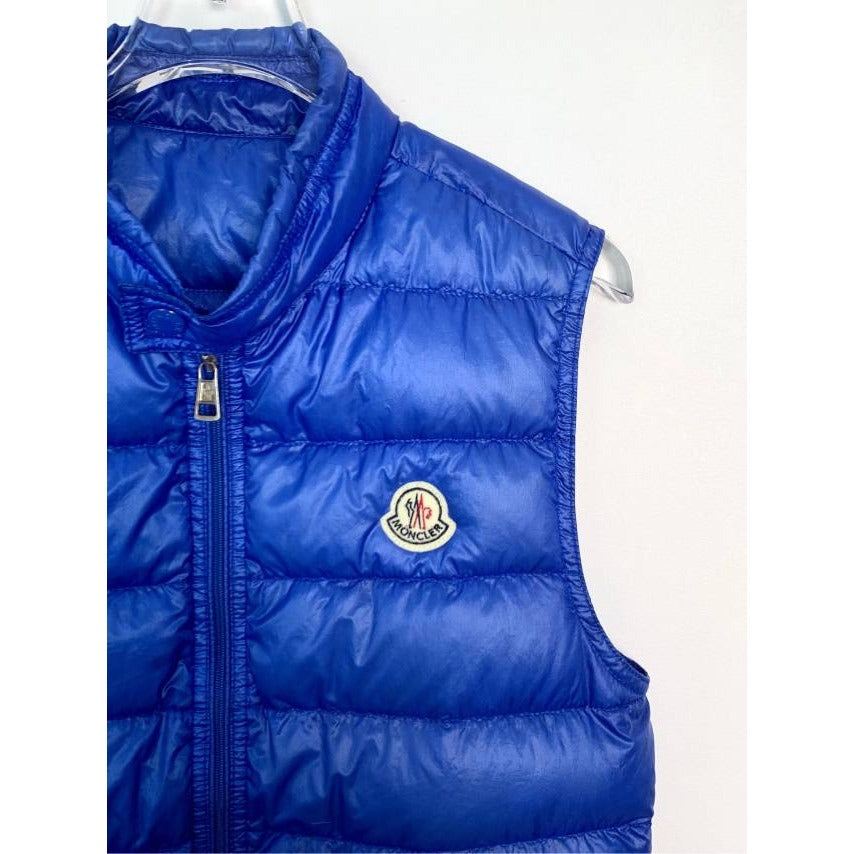 Moncler Mens Quilted Down Puffer Vest Blue Size 0 With Logo Patch & Stand-Up Collar