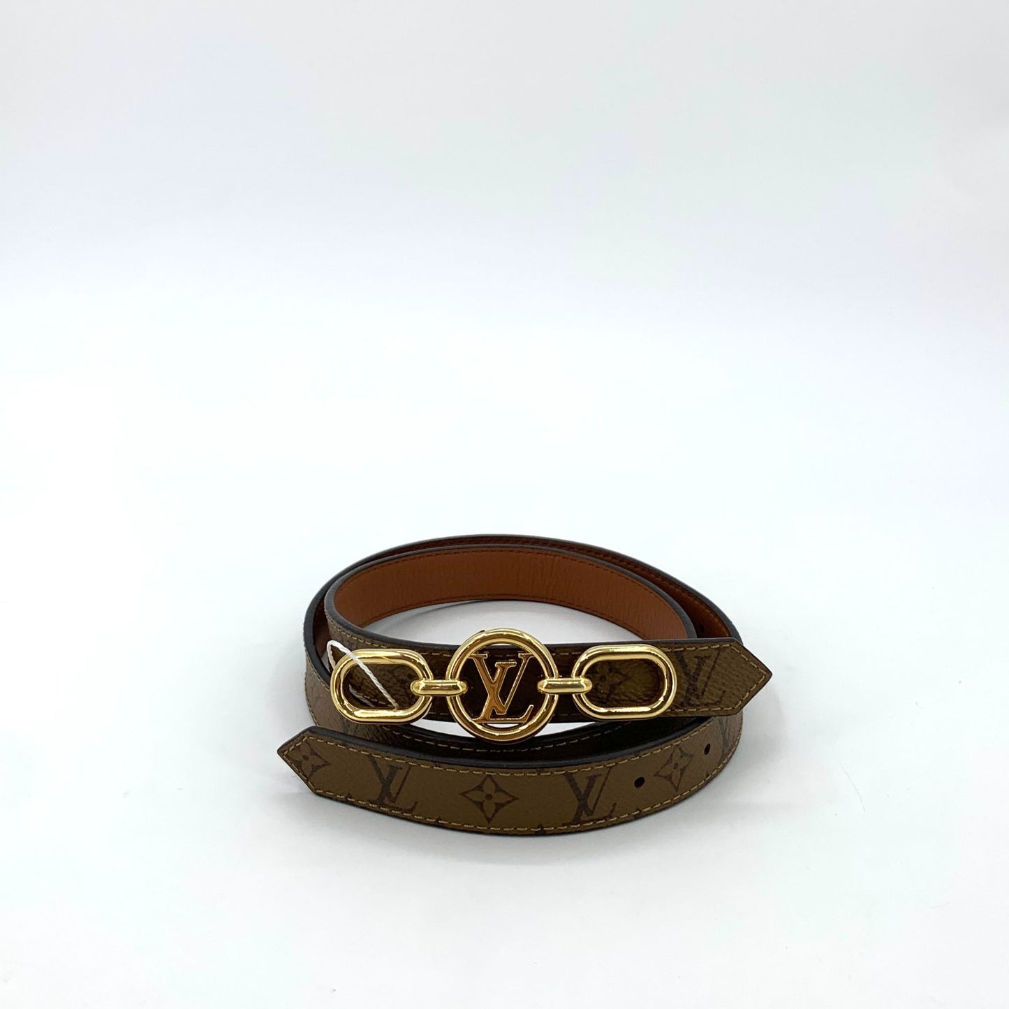 Louis Vuitton Monogram Leather Belt With Gold LV Buckle Size 30/75 Made In Spain