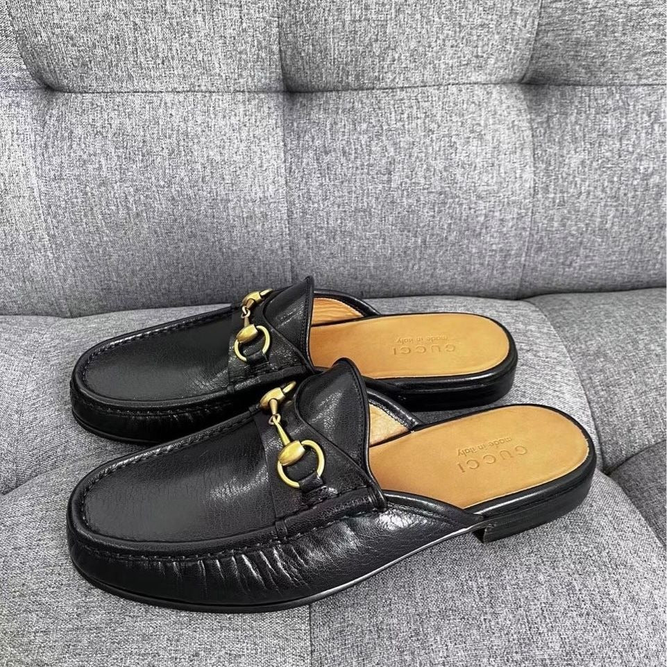 Gucci Black Leather Horsebit Loafers Slip-On Mule Shoes Size 8.5