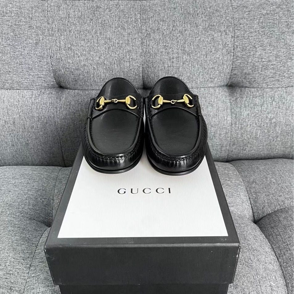 Gucci Black Leather Horsebit Loafers Slip-On Mule Shoes Size 8.5