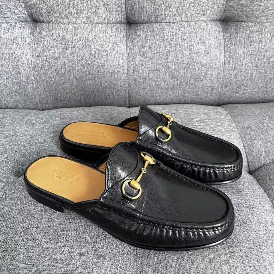 Gucci Black Leather Horsebit Loafers Slip-On Mule Shoes Size 8.5