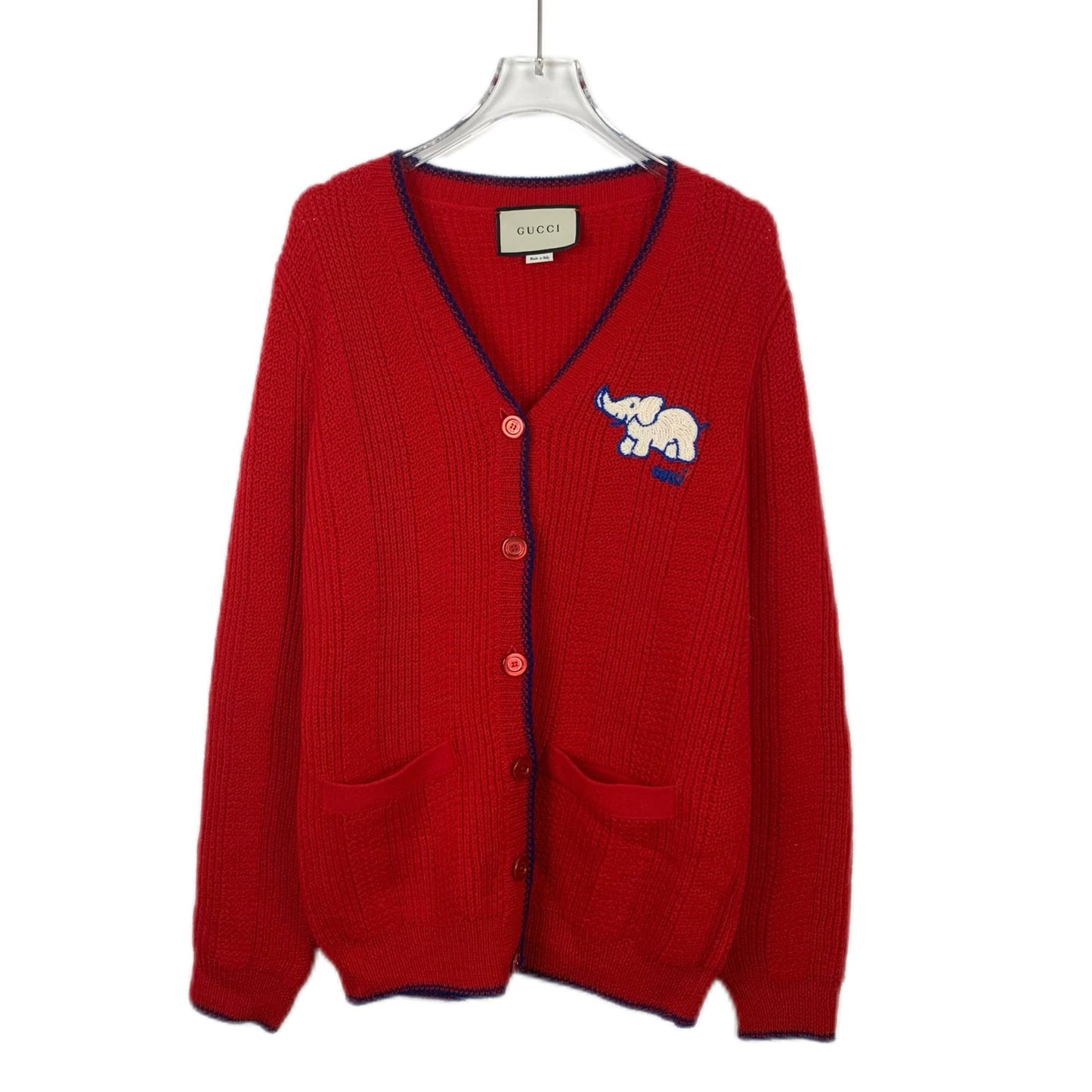 Gucci Red Elephant Embroidered Wool Cardigan V-Neck S Size Italy Made