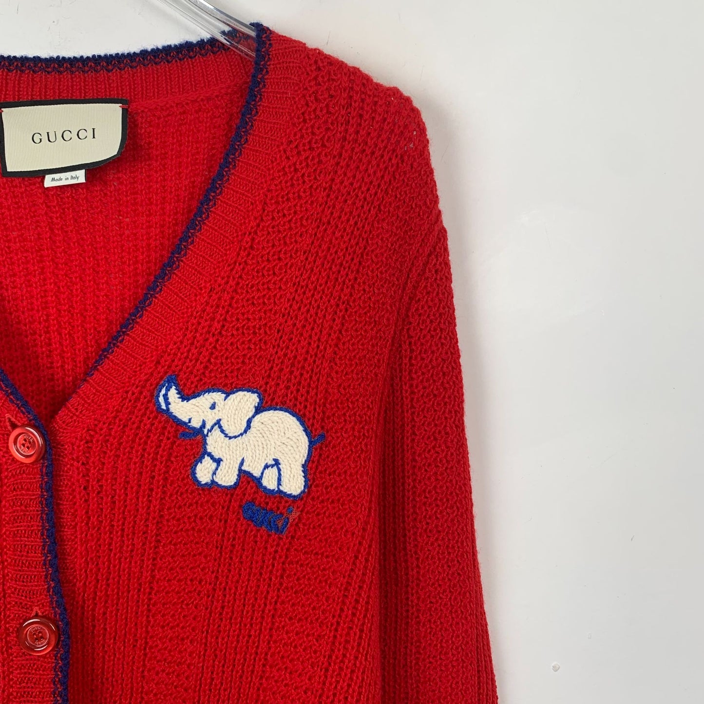 Gucci Red Elephant Embroidered Wool Cardigan V-Neck S Size Italy Made