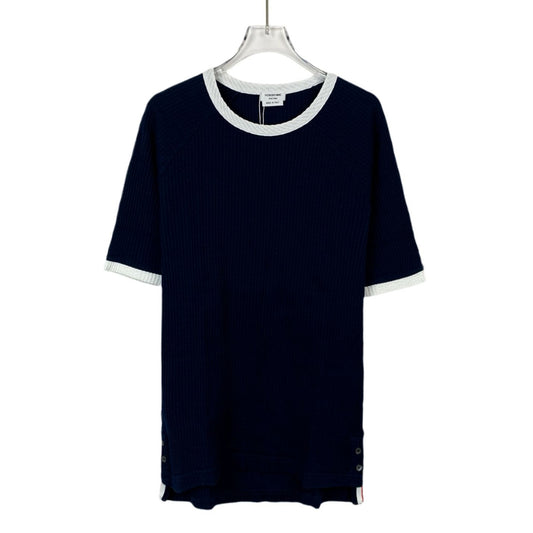 Thom Browne Navy & White Ribbed Cotton Short Sleeve T-Shirt Size 1 S