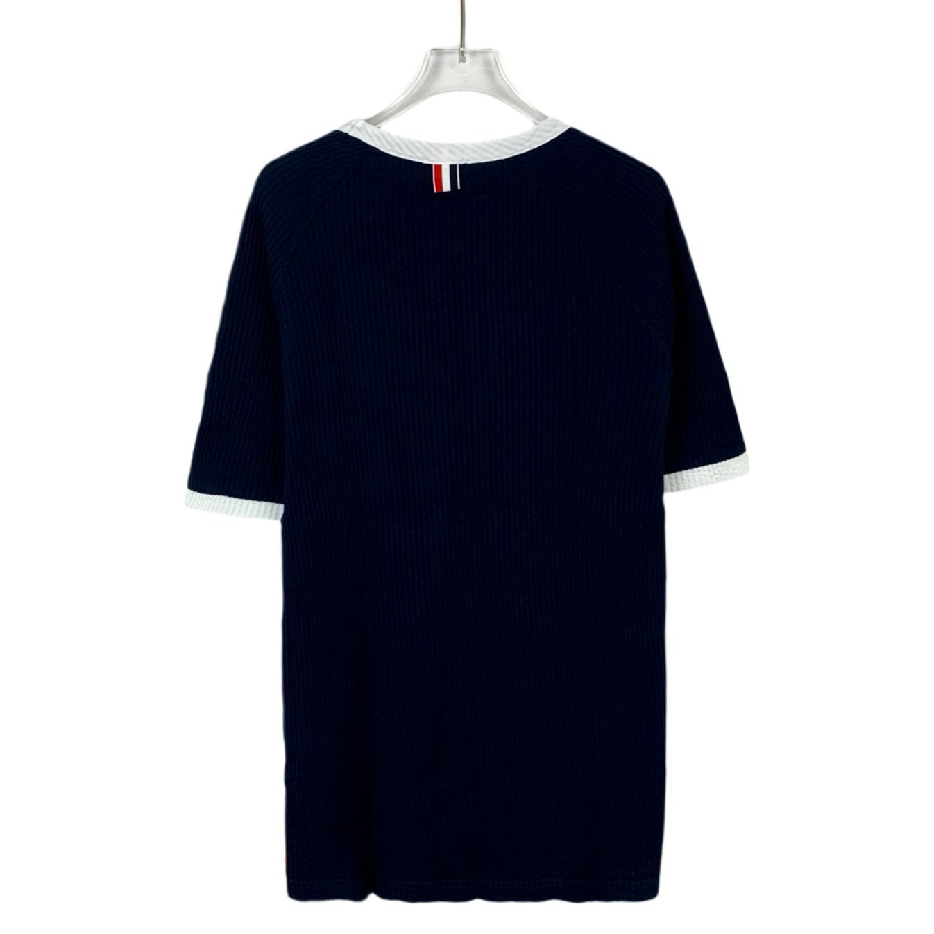 Thom Browne Navy & White Ribbed Cotton Short Sleeve T-Shirt Size 1 S