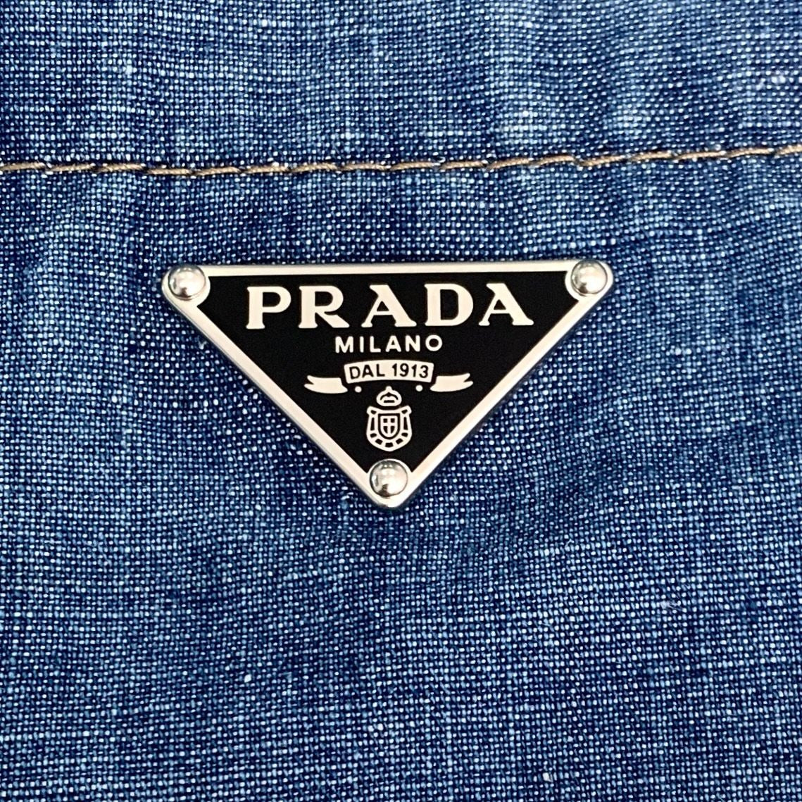 Prada 2023 Blue Logo Triangle Cotton Denim Short-Sleeve Shirt (Size M)