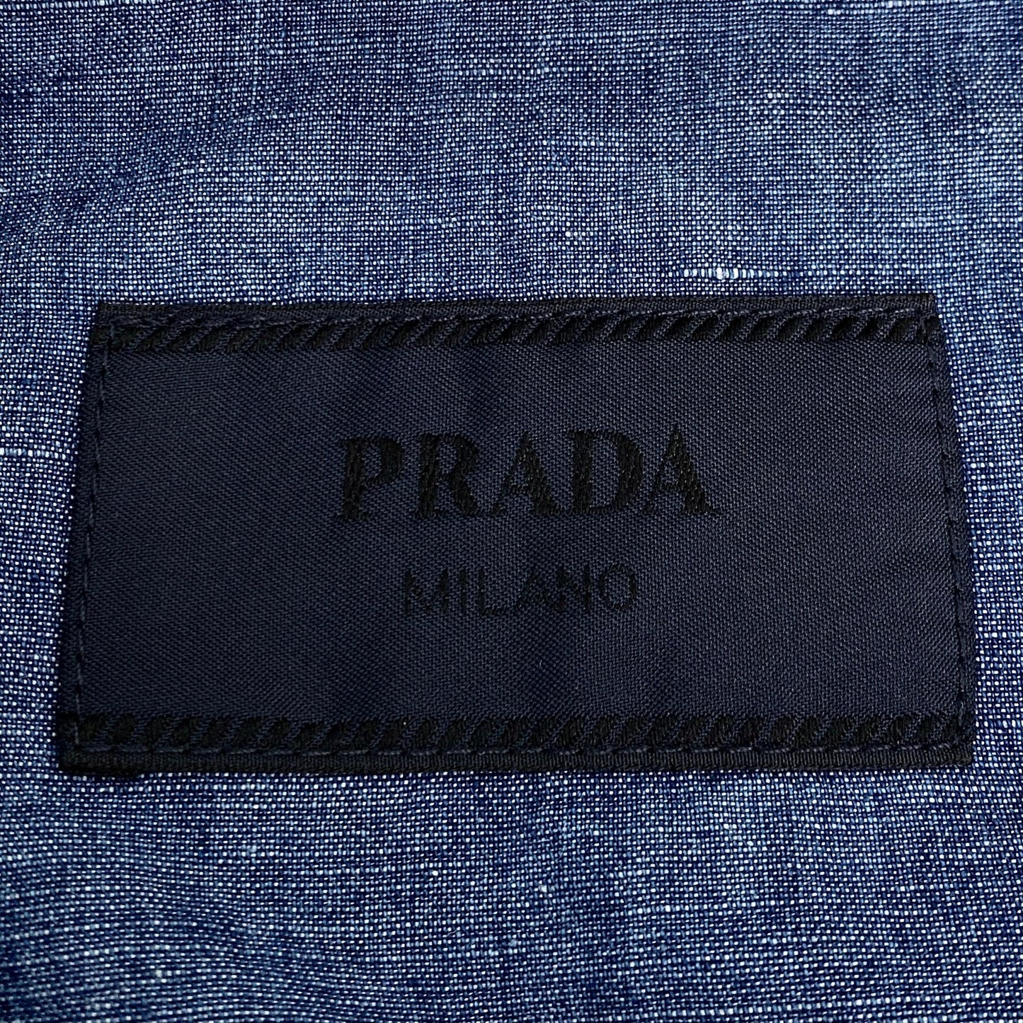 Prada 2023 Blue Logo Triangle Cotton Denim Short-Sleeve Shirt (Size M)